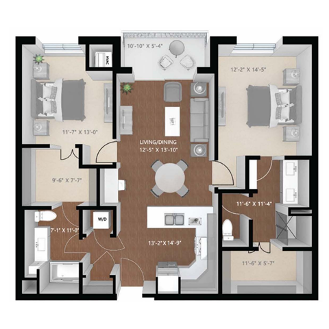 Floor plan for 2 beds, 2 baths, 1233 sqft